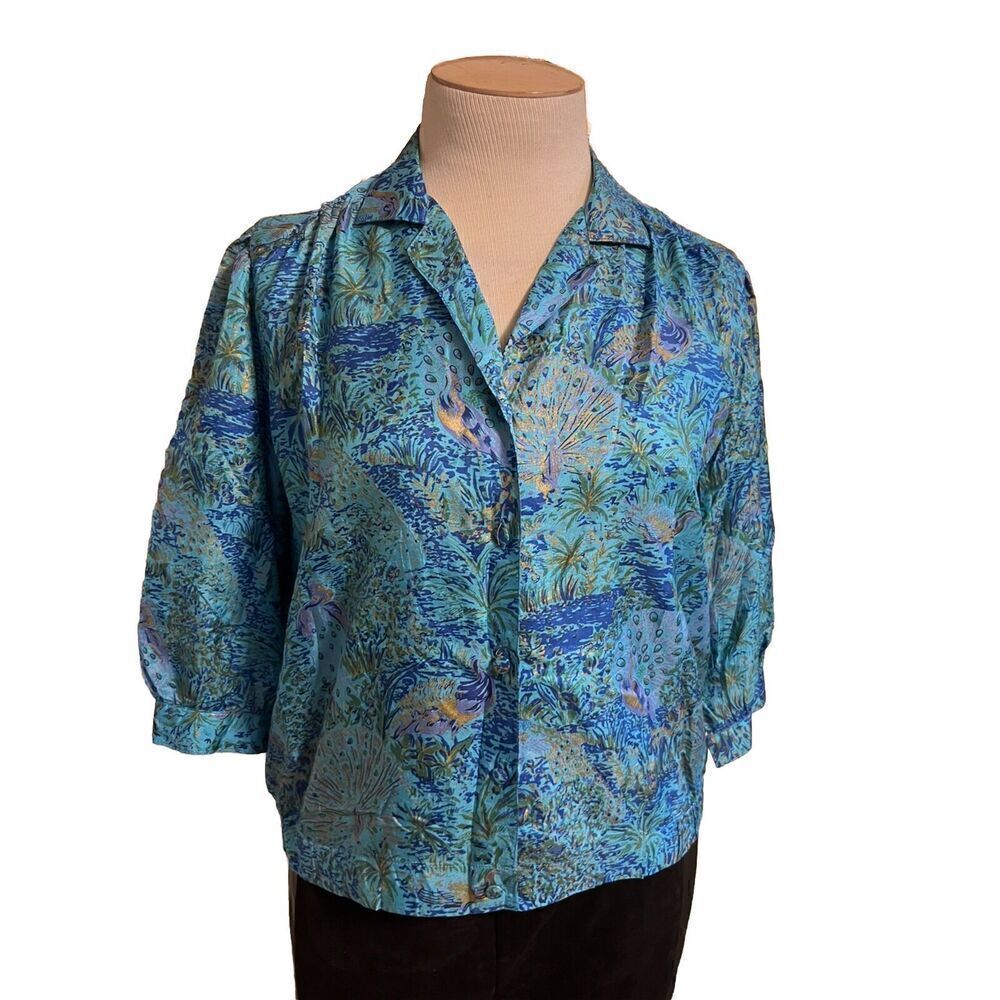 Vintage 80's Womens Medium Thai Silk Peacock Palm Tree Blouse Blues Gold